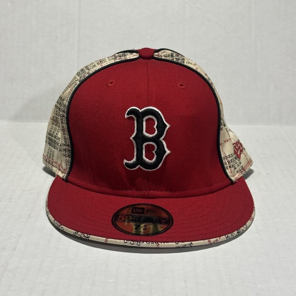 new era 59fifty Boston Red Sox Hat Fitted 7-5/8” Red Vintage Logo Print Baseball
